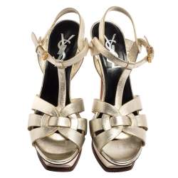 Pre Owned Yves Saint Laurent  Metallic Gold Leather Tribute Platform Sandals Size 38
