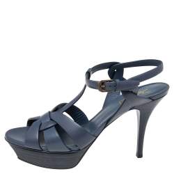 Pre Owned Yves Saint Laurent Blue Leather Tribute Platform  Sandals Size 39