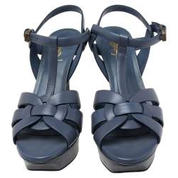 Pre Owned Yves Saint Laurent Blue Leather Tribute Platform  Sandals Size 39