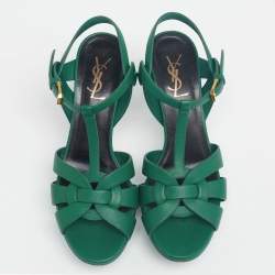 Pre Owned Yves Saint Laurent Green Leather Tribute Platform Sandals Size 38.5