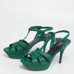 Pre Owned Yves Saint Laurent Green Leather Tribute Platform Sandals Size 38.5