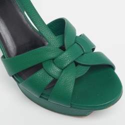 Pre Owned Yves Saint Laurent Green Leather Tribute Platform Sandals Size 38.5