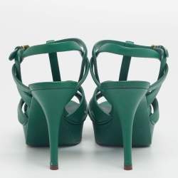 Pre Owned Yves Saint Laurent Green Leather Tribute Platform Sandals Size 38.5