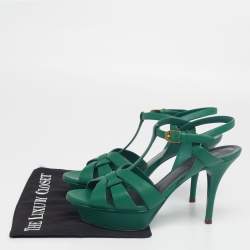 Pre Owned Yves Saint Laurent Green Leather Tribute Platform Sandals Size 38.5