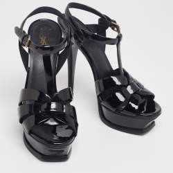 Pre Owned صندل إيف سان لوران تريبوت جلد أسود لامع بحزام للكاحل نعل سميك مقاس 37.5