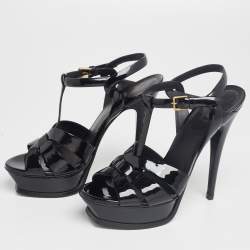 Pre Owned صندل إيف سان لوران تريبوت جلد أسود لامع بحزام للكاحل نعل سميك مقاس 37.5