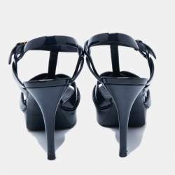 Pre Owned Yves Saint Laurent  Navy Blue Patent Tribute Platform Sandals Size 37