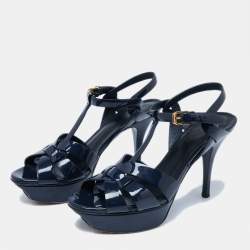 Pre Owned Yves Saint Laurent  Navy Blue Patent Tribute Platform Sandals Size 37