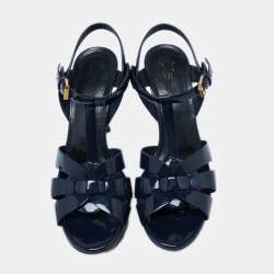 Pre Owned Yves Saint Laurent  Navy Blue Patent Tribute Platform Sandals Size 37