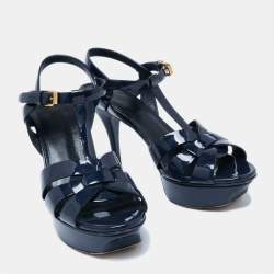 Pre Owned Yves Saint Laurent  Navy Blue Patent Tribute Platform Sandals Size 37
