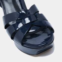 Pre Owned Yves Saint Laurent  Navy Blue Patent Tribute Platform Sandals Size 37