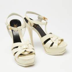 Pre Owned Yves Saint Laurent Cream Patent Leather Tribute Sandals Size 36.5