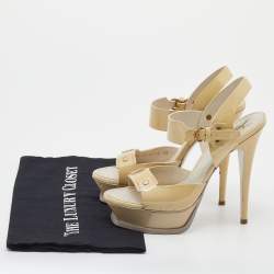 Pre Owned صندل إيف سان لوران جلد لامع كريمي نعل سميك سير كاحل مقاس 38