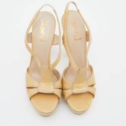 Yves Saint Laurent Beige Patent Leather Strappy Platform Slingback Sandals 38