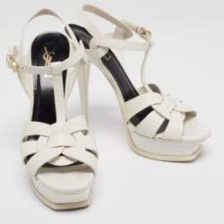 Pre Owned Saint Laurent White Lizard Embossed Leather Tribute Platform Sandals Size 39