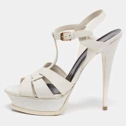 Pre Owned Saint Laurent White Lizard Embossed Leather Tribute Platform Sandals Size 39
