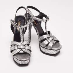 Pre Owned Yves Saint Laurent Silver Python Embossed Tribute Platform Sandals Size 36