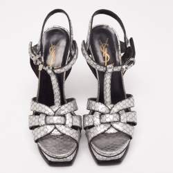 Pre Owned Yves Saint Laurent Silver Python Embossed Tribute Platform Sandals Size 36