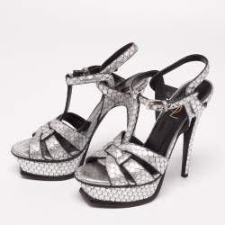 Pre Owned Yves Saint Laurent Silver Python Embossed Tribute Platform Sandals Size 36