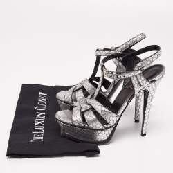 Pre Owned Yves Saint Laurent Silver Python Embossed Tribute Platform Sandals Size 36