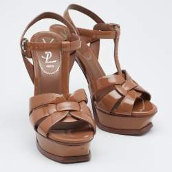Pre Owned Yves Saint Laurent Beige Patent Leather Tribute Ankle Strap Platform Sandals Size 35