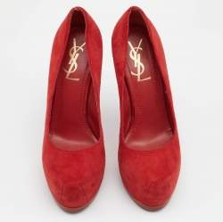Pre Owned Yves Saint Laurent Red Suede Tribtoo Platform Pumps Size 35.5