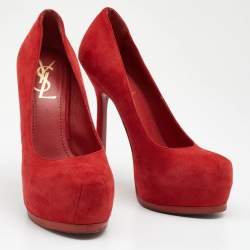 Pre Owned Yves Saint Laurent Red Suede Tribtoo Platform Pumps Size 35.5