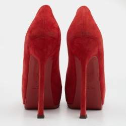 Pre Owned Yves Saint Laurent Red Suede Tribtoo Platform Pumps Size 35.5