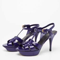 Pre Owned Yves Saint Laurent Blue Patent Tribute Platform Sandals Size 38.5