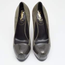 Pre Owned حذاء كعب عالي إيف سان لوران تريبتو جلد لامع وسويدي رصاصي نعل سميك مقاس 38