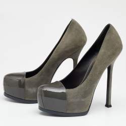 Pre Owned حذاء كعب عالي إيف سان لوران تريبتو جلد لامع وسويدي رصاصي نعل سميك مقاس 38