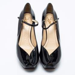 مملوكة مسبقًا Yves Saint Laurent Black Patent Leather Peep Toe Ankle Strap Pumps Size 39