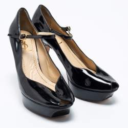 مملوكة مسبقًا Yves Saint Laurent Black Patent Leather Peep Toe Ankle Strap Pumps Size 39
