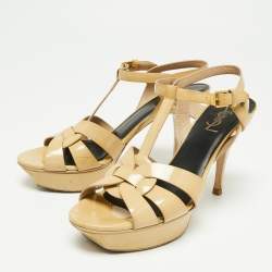 Pre Owned صندل إيف سان لوران تربيوت جلد بيج لامع مقاس 40