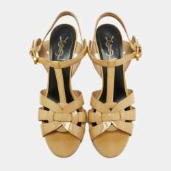 Pre Owned صندل إيف سان لوران تربيوت جلد بيج لامع مقاس 40