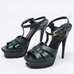 Pre Owned صندل إيف سان لوران تربيوت جلد أخضر نعل سميك مقاس 39