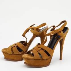 Pre Owned صندل سان لوران تربيوت سويدي أصفر مستردة بحزام للكاحل نعل سميك مقاس 37.5