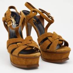 Pre Owned صندل سان لوران تربيوت سويدي أصفر مستردة بحزام للكاحل نعل سميك مقاس 37.5