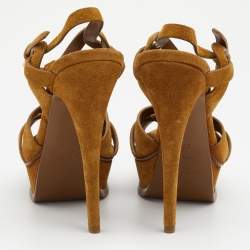 Pre Owned صندل سان لوران تربيوت سويدي أصفر مستردة بحزام للكاحل نعل سميك مقاس 37.5