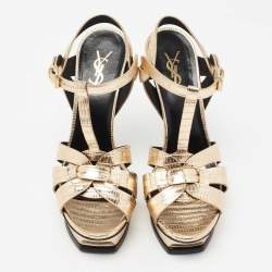 مملوكة مسبقًا صندل إيف سان لوران تربيوت جلد نقشة السحلية ذهبي ميتاليك بحزام للكاحل نعل سميك مقاس 39