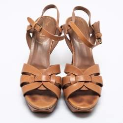 Pre Owned Yves Saint Laurent Caramel Brown Leather Tribute Platform Sandals Size 39