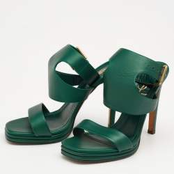 Pre Owned Yves Saint Laurent Green Leather Ankle Strap Platform Sandals Size 38