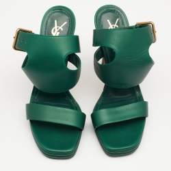 Pre Owned Yves Saint Laurent Green Leather Ankle Strap Platform Sandals Size 38
