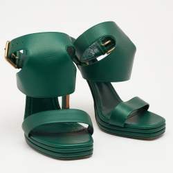 Pre Owned Yves Saint Laurent Green Leather Ankle Strap Platform Sandals Size 38