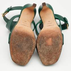 Pre Owned Yves Saint Laurent Green Leather Ankle Strap Platform Sandals Size 38