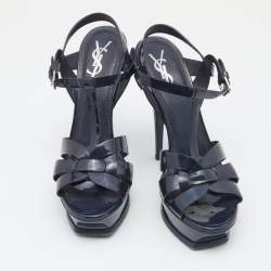 Pre Owned Yves Saint Laurent Navy Blue Patent Leather Tribute Ankle Trap Platform Sandals Size 40