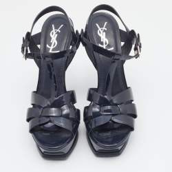 Pre Owned Yves Saint Laurent Navy Blue Patent Leather Tribute Ankle Trap Platform Sandals Size 40