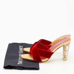 Pre Owned Yves Saint Laurent Red Velvet Criss-Cross Rhinestone Heel Slide Sandals Size 39