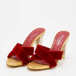 Pre Owned Yves Saint Laurent Red Velvet Criss-Cross Rhinestone Heel Slide Sandals Size 39