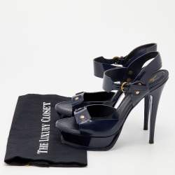Pre Owned Yves Saint Laurent Navy Blue Patent Leather Studded Ankle Strap Platform Sandals Size 40